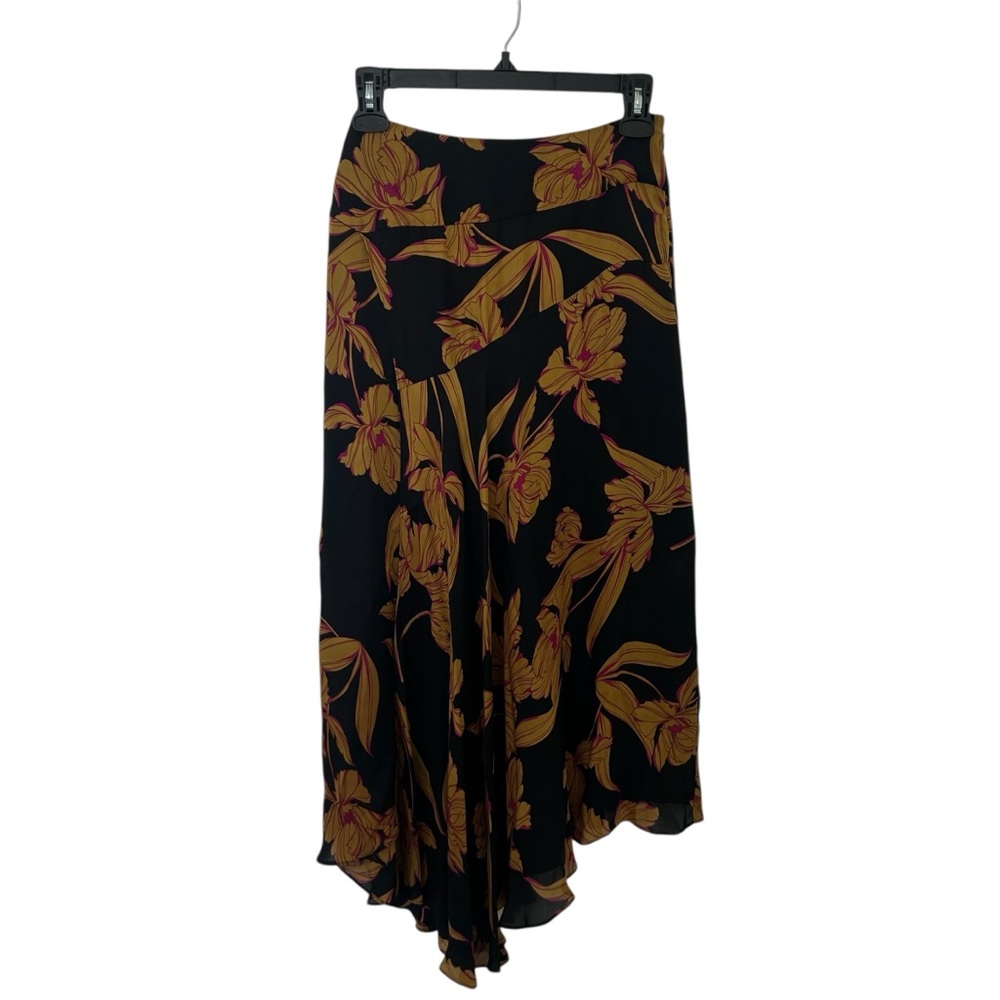 A.L.C. Black and Gold Floral Asymmetrical Silk Midi Skirt Size 0